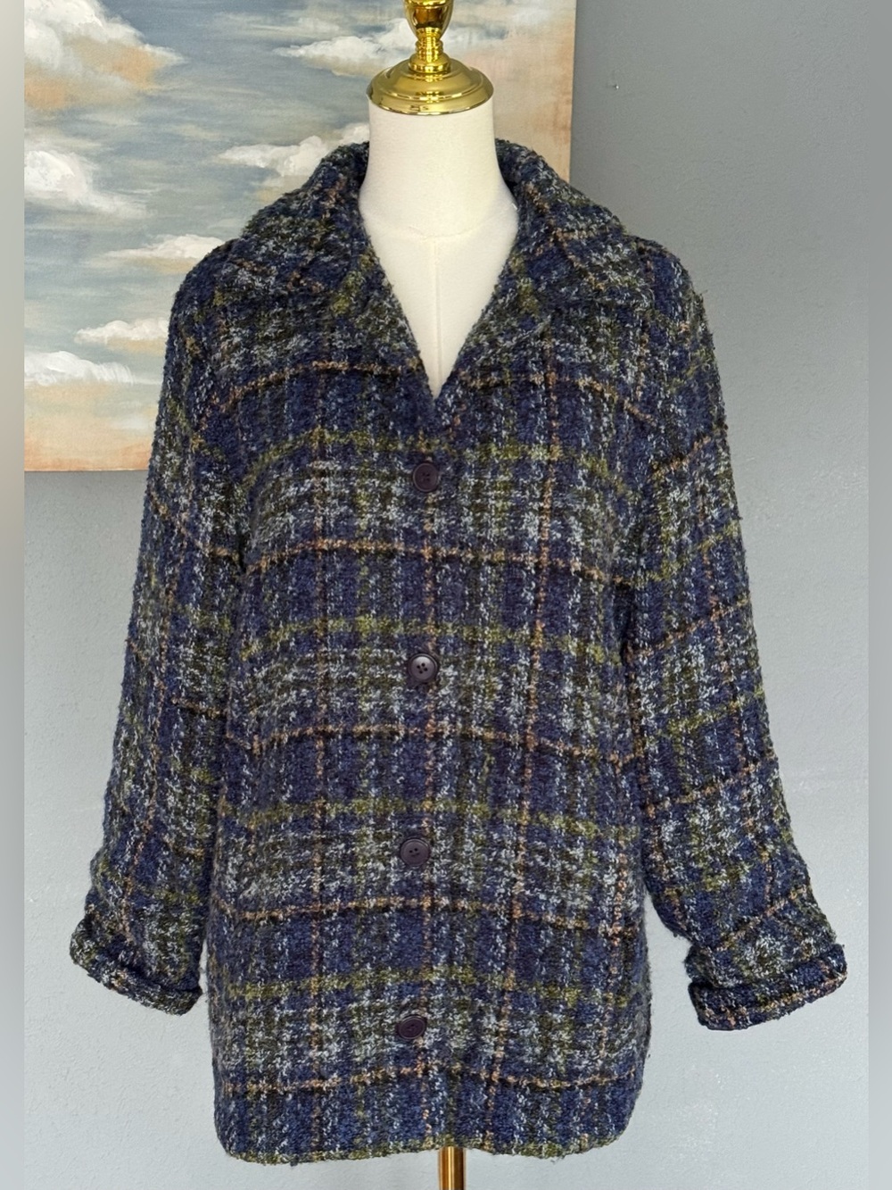 VNG Boyne Valley Weavers Wool Blend Plaid Coat Sz  Small Blue Green Fairy Grunge